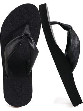Women's Black Faux Leather Summer Flip Flops With Arch Support Outdoor Slippers